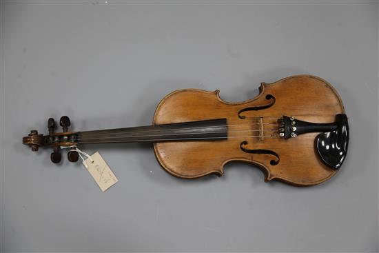 A violin with two piece back, bearing a label for Vasciscus Gobetti Fecit, overall 23.5in., cased